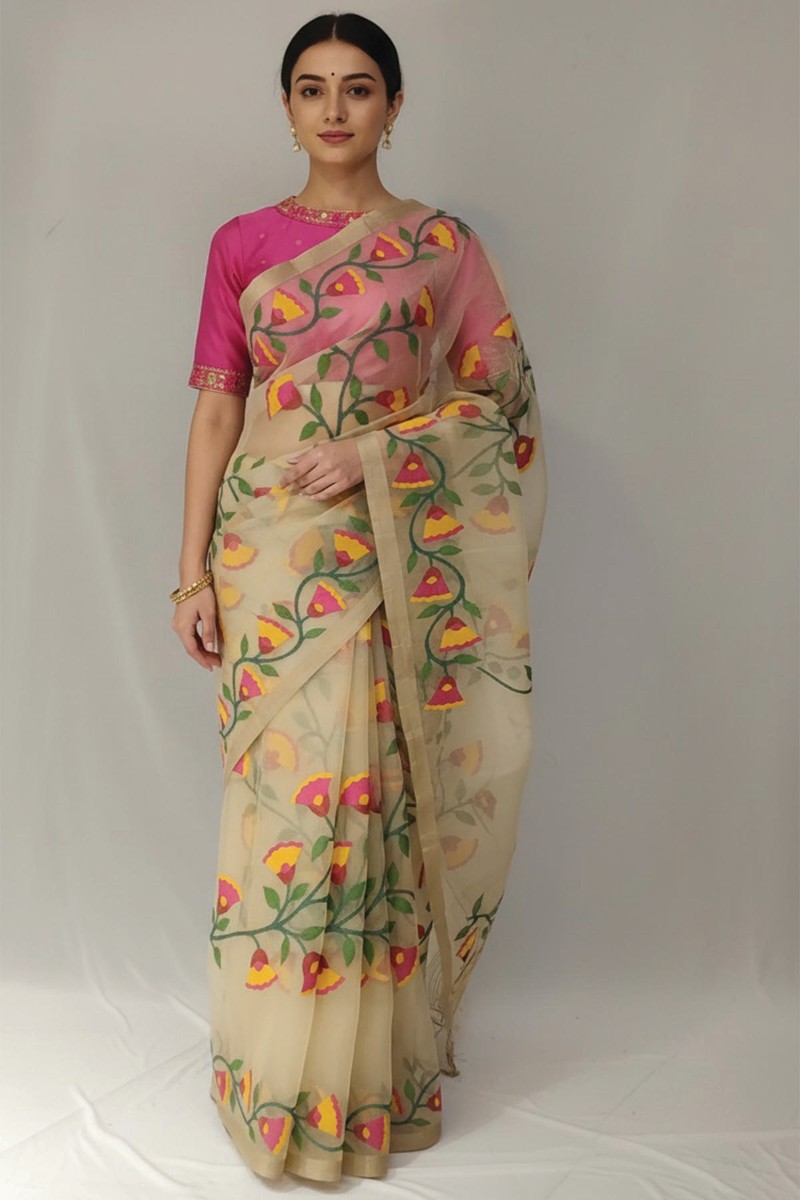 Embellished, Embroidered Bollywood
                                    Organza Saree (Green)